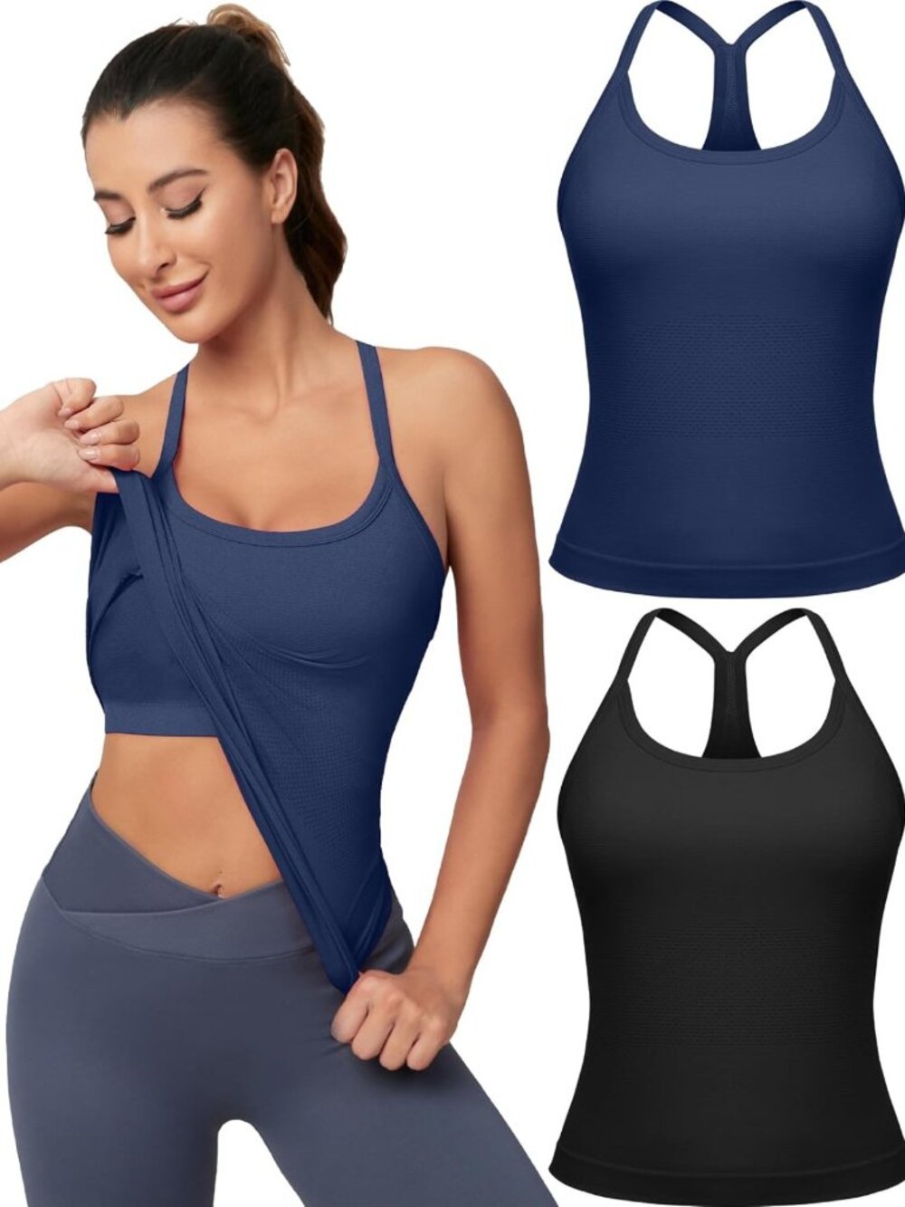 Women's Workout Racerback Tank Tops 2 Pack with Built-In Bra for Activewear